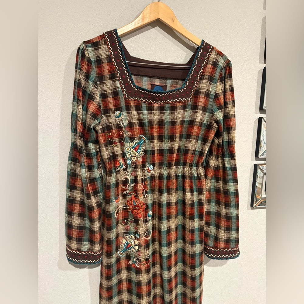 Double D Ranch Plaid‎ Floral Embroidered Dress Size S Long Sleeve Western Boho - Picture 2 of 4